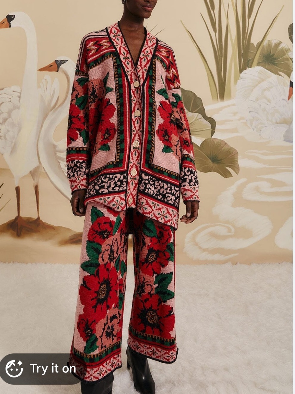 FARM RIO Pink & Red Floral Tapestry Wide-Leg Pants small